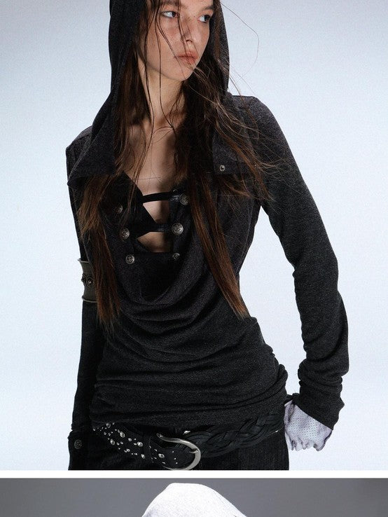 DoublePunch Heather Gray Metal Buckle Hooded Drape Collar Women&