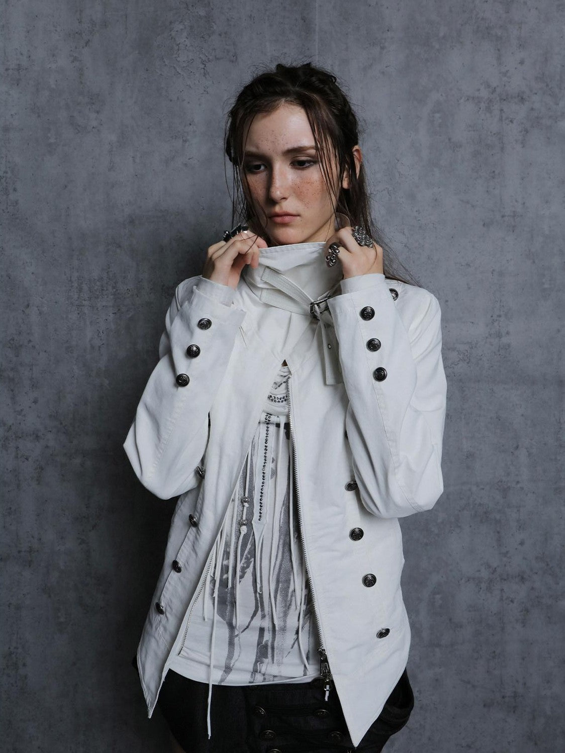 DoublePunch High Collar Metal Buckle Vintage Windproof Padded Women&