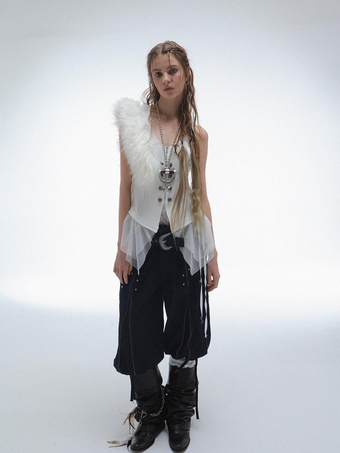 DoublePunch Lace Jacquard Spliced Vintage Metal Button Fur Collar Women&