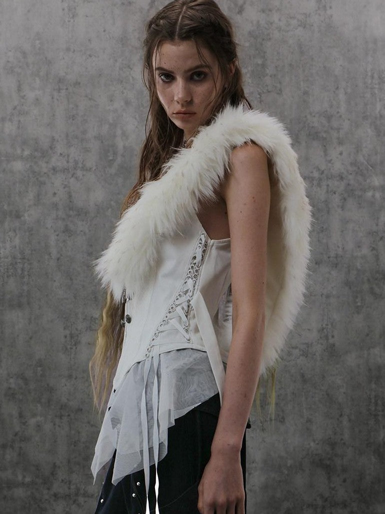 DoublePunch Lace Jacquard Spliced Vintage Metal Button Fur Collar Women&