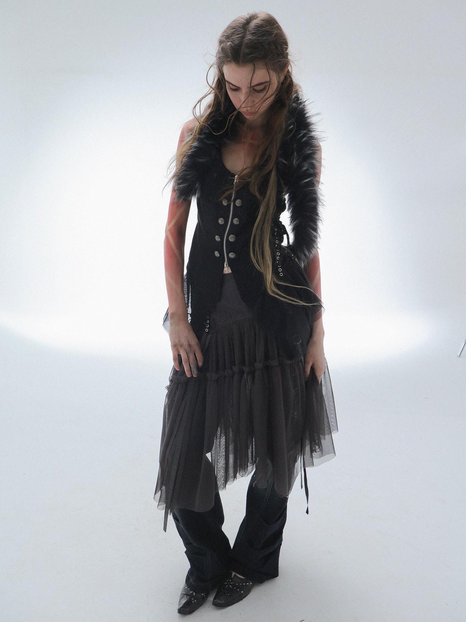 DoublePunch Lace Jacquard Waist Mesh Pleated Layered Women&