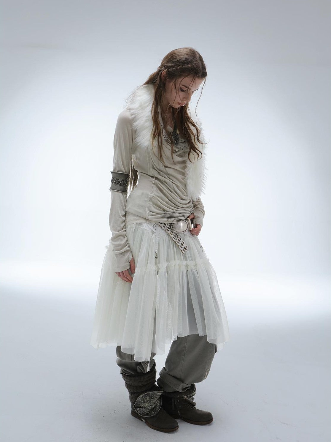 DoublePunch Lace Jacquard Waist Mesh Pleated Layered Women&