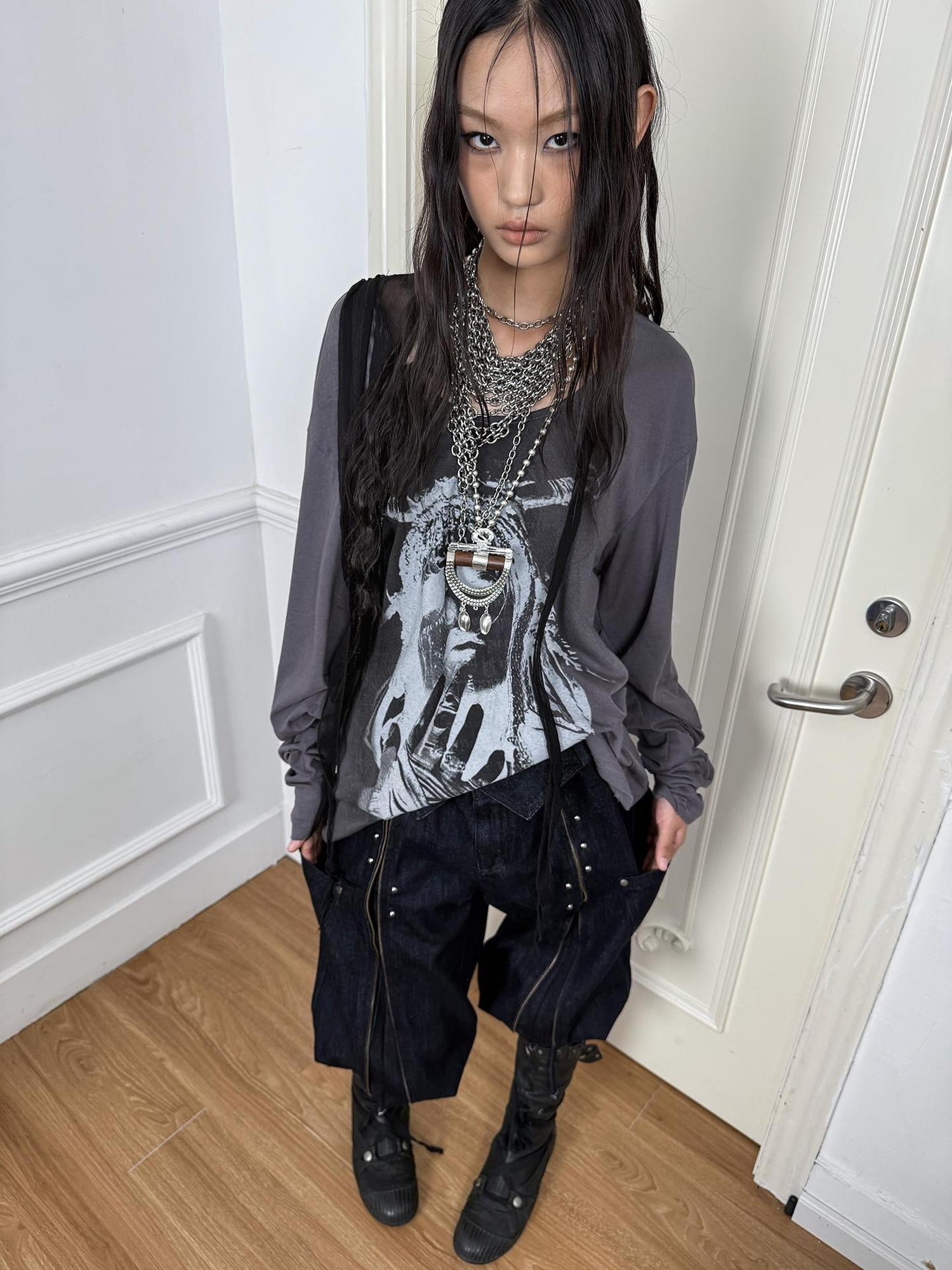 DoublePunch Lightweight Punk Loose Fit Long Sleeve Vintage Print Womens Travel T-Shirt