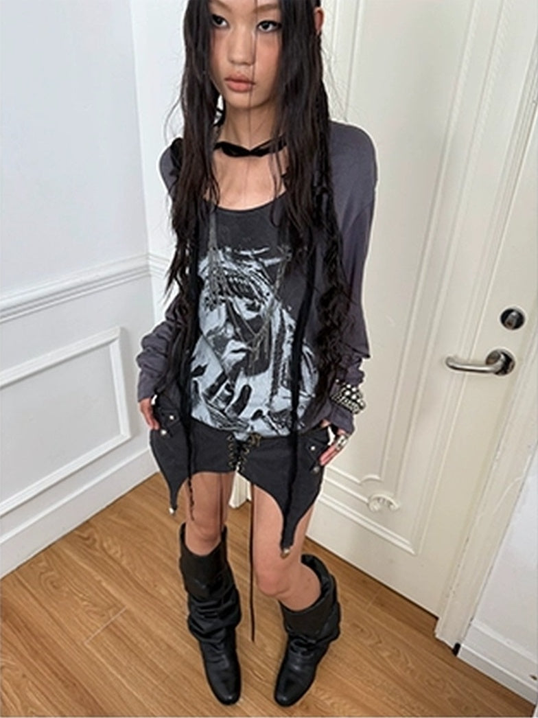 DoublePunch Lightweight Punk Loose Fit Long Sleeve Vintage Print Womens Travel T-Shirt