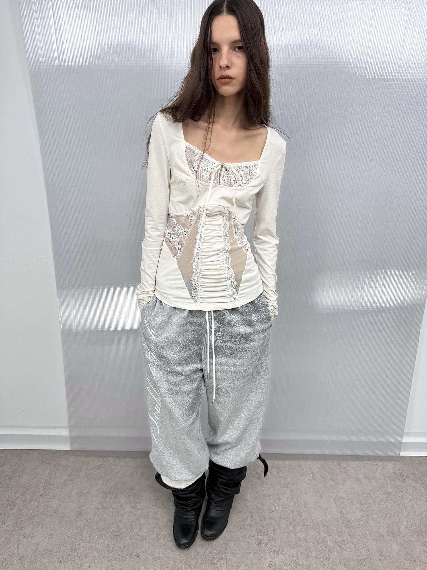 DoublePunch Mesh Lace Spliced Square Neck Women&