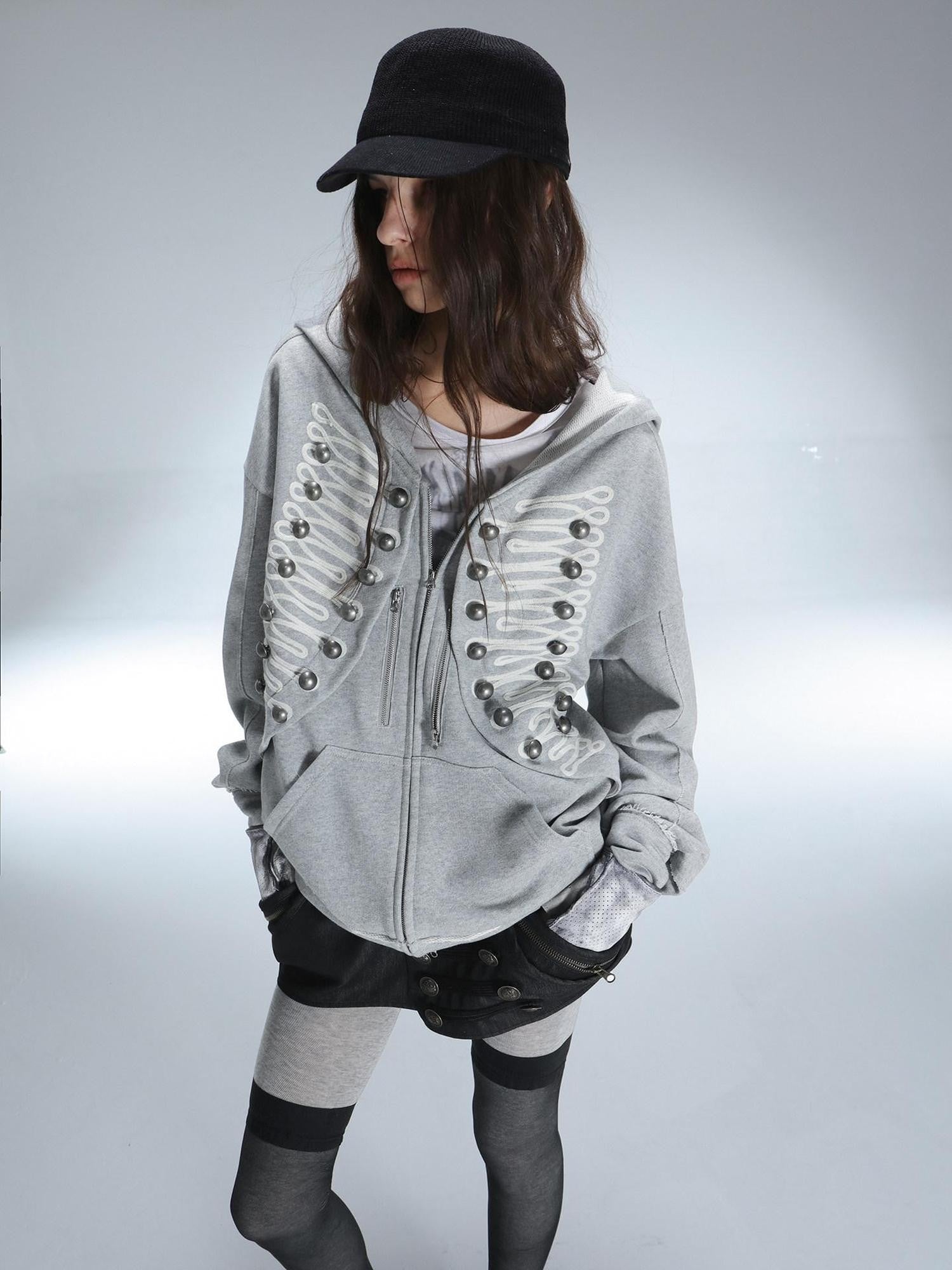 DoublePunch Napoleonic Embroidered Metal Button Zippered Loose Women&