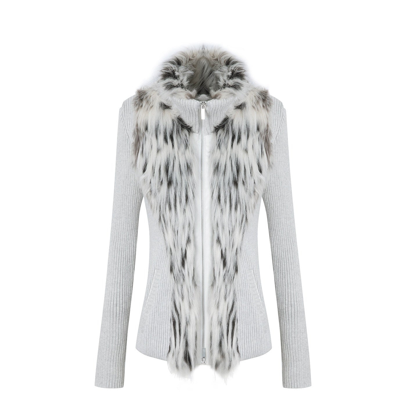 DoublePunch_Oatmeal_Gray_Fur_Patchwork_Stand_Collar_Zip_Waist_Women&