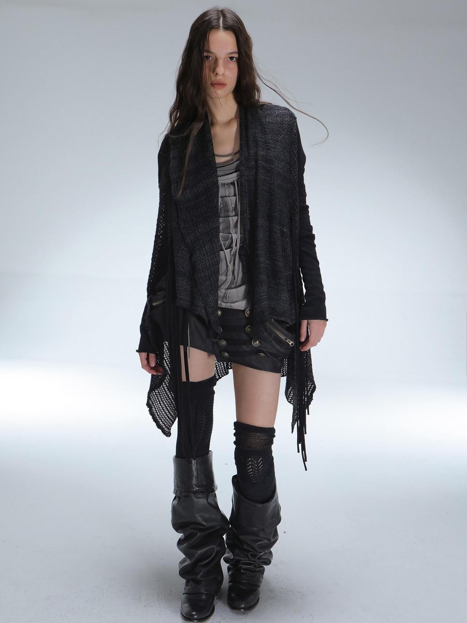 DoublePunch Openwork Knit Tassel Irregular Shawl Mid Length Women&