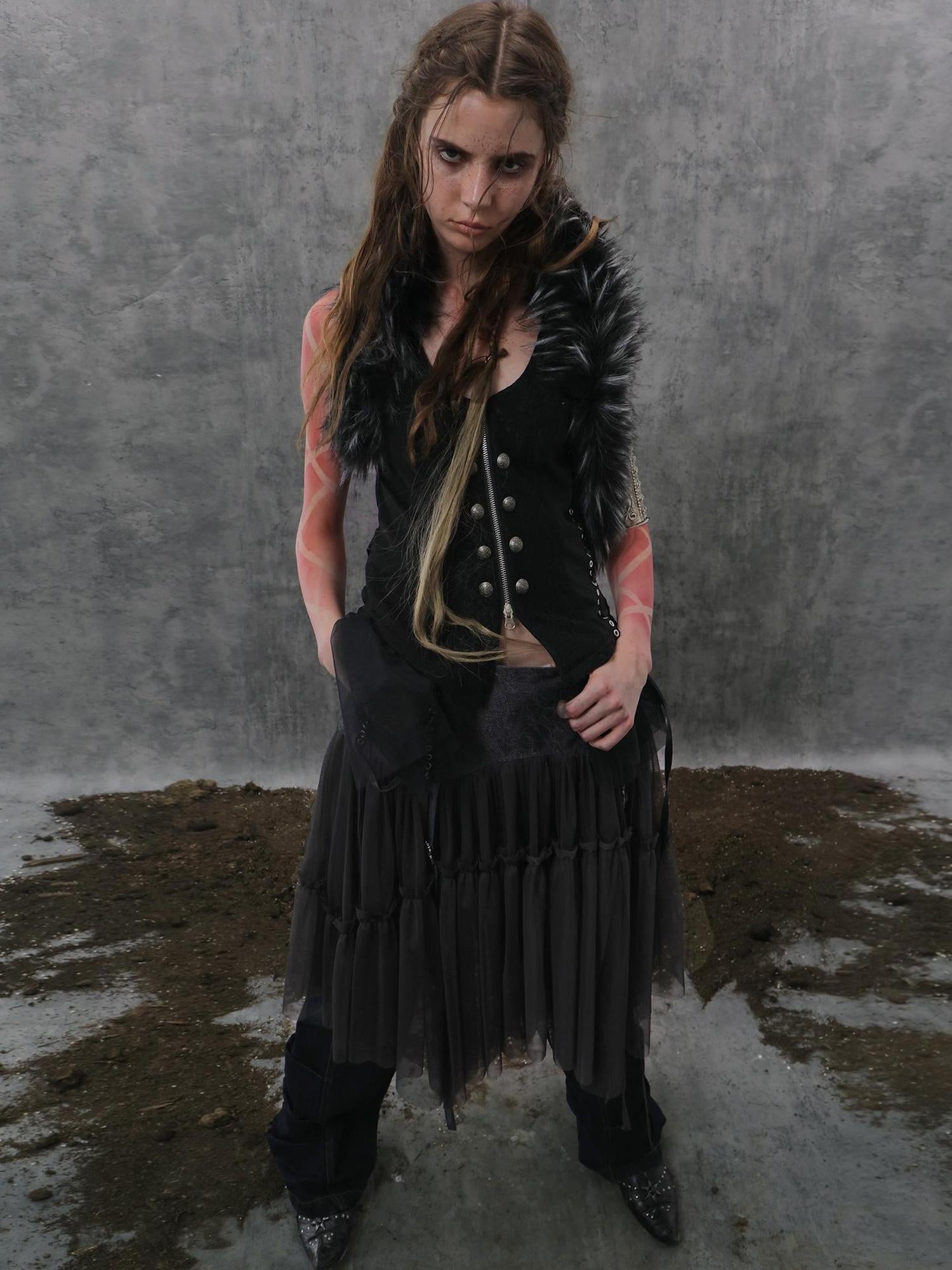 DoublePunch Original Patchwork Double Breasted V Neck Fitted Waist Women Vest