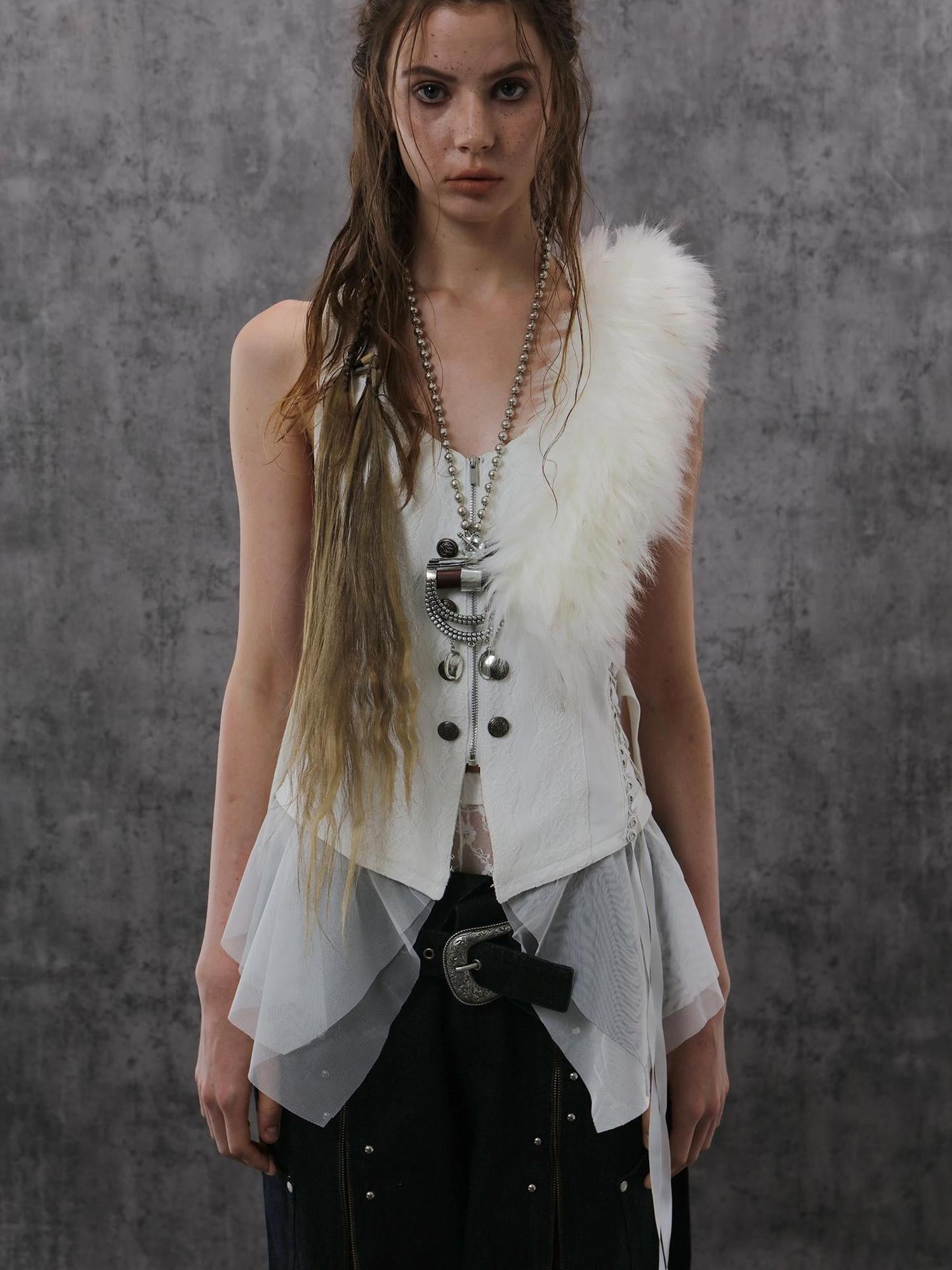 DoublePunch Original Patchwork Double Breasted V Neck Fitted Waist Women Vest