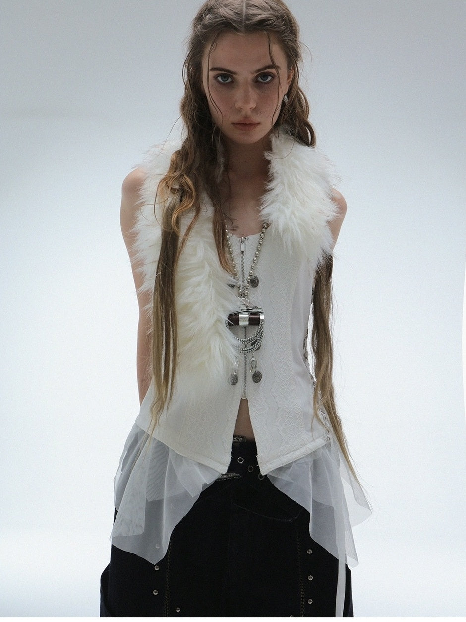 DoublePunch Original Patchwork Double Breasted V Neck Fitted Waist Women Vest