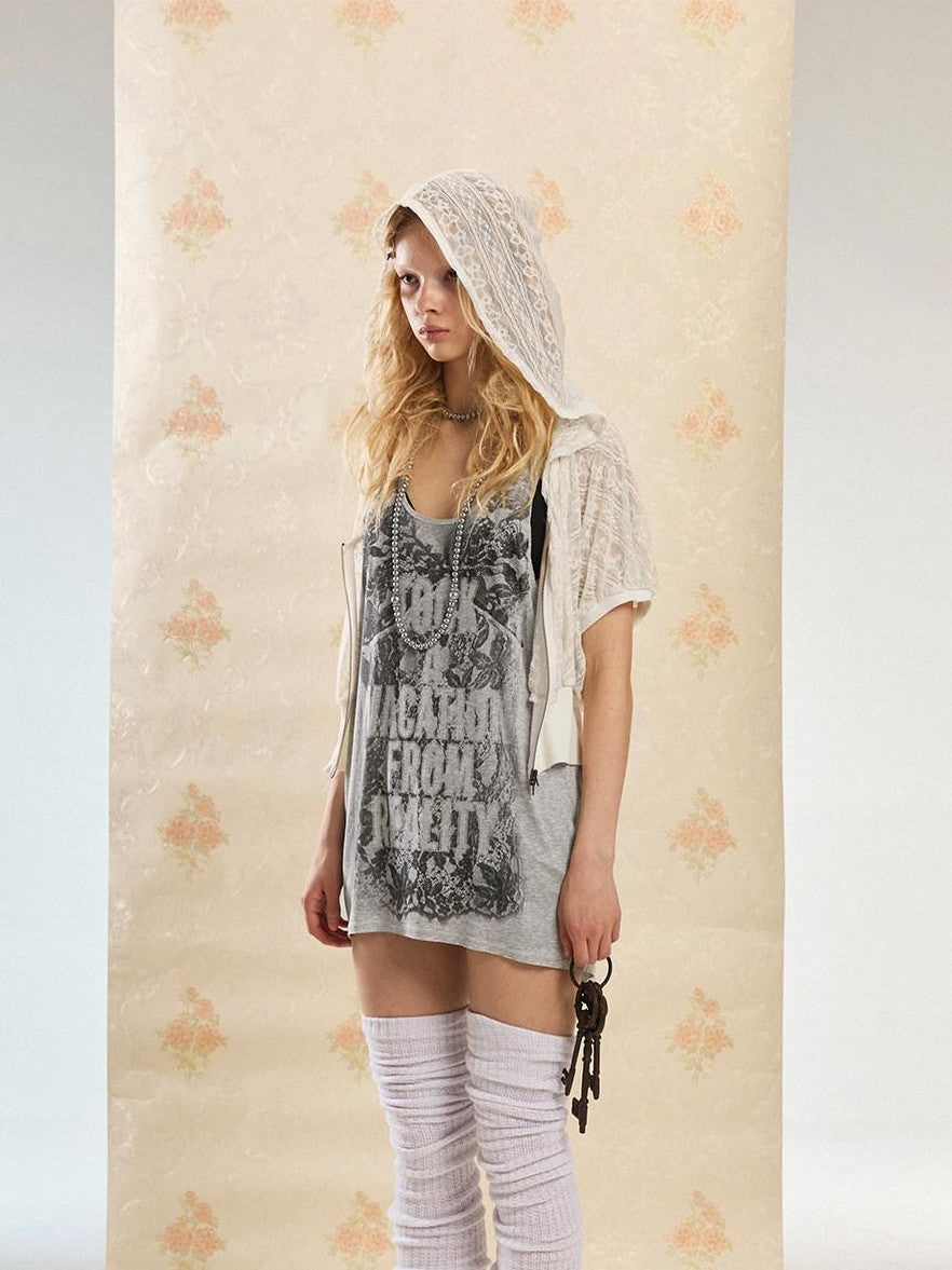 DoublePunch Pleated Lace Hooded Raglan Zipper Two Way Cropped Women&
