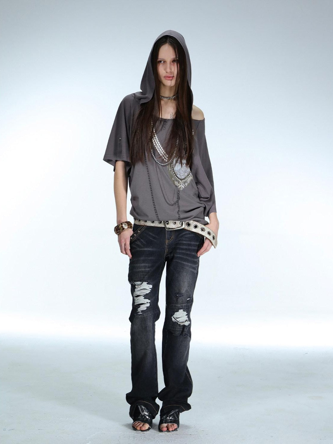 DoublePunch Rhinestone Print Hooded Batwing Women&
