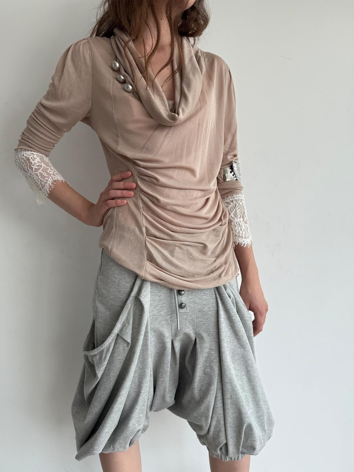 DoublePunch Romantic Lace Panel Ruched Cowl Neck Puff Sleeve Lyocell Women&