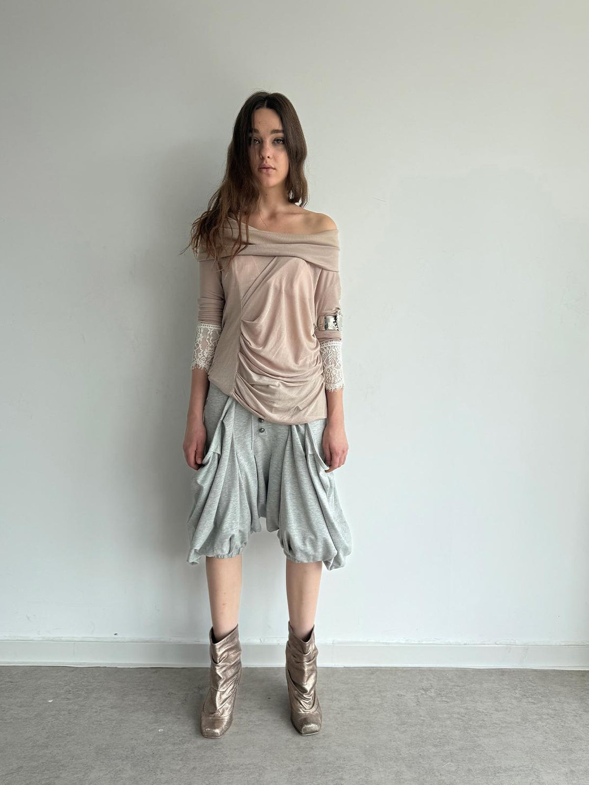DoublePunch Romantic Lace Panel Ruched Cowl Neck Puff Sleeve Lyocell Women&