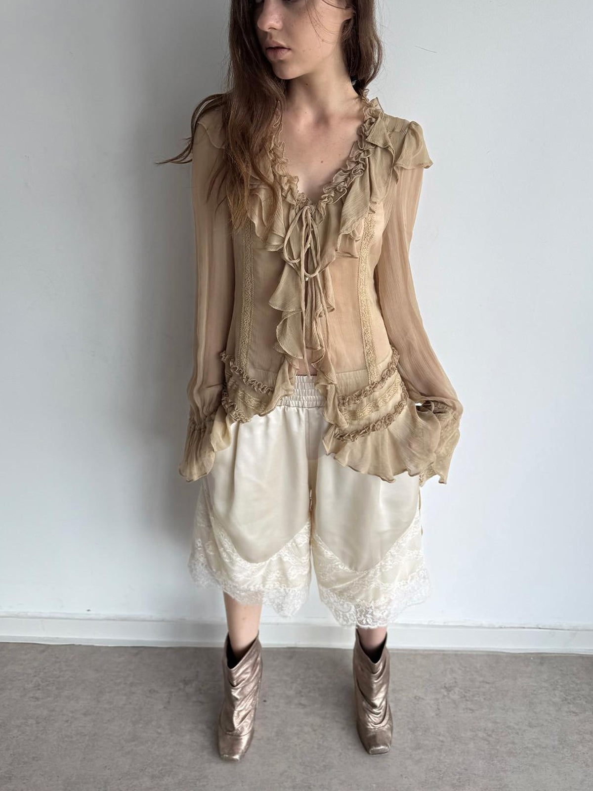 DoublePunch Satin Lace Paneled Elastic Waist Wide Leg Women&