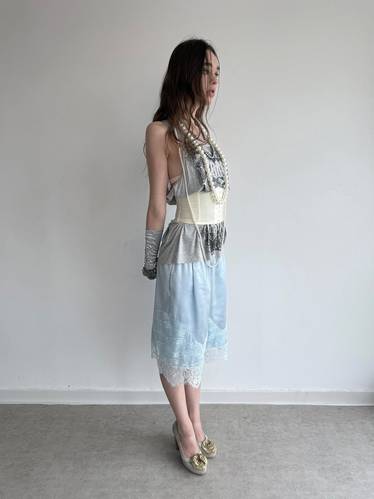 DoublePunch Satin Lace Paneled Elastic Waist Wide Leg Women&