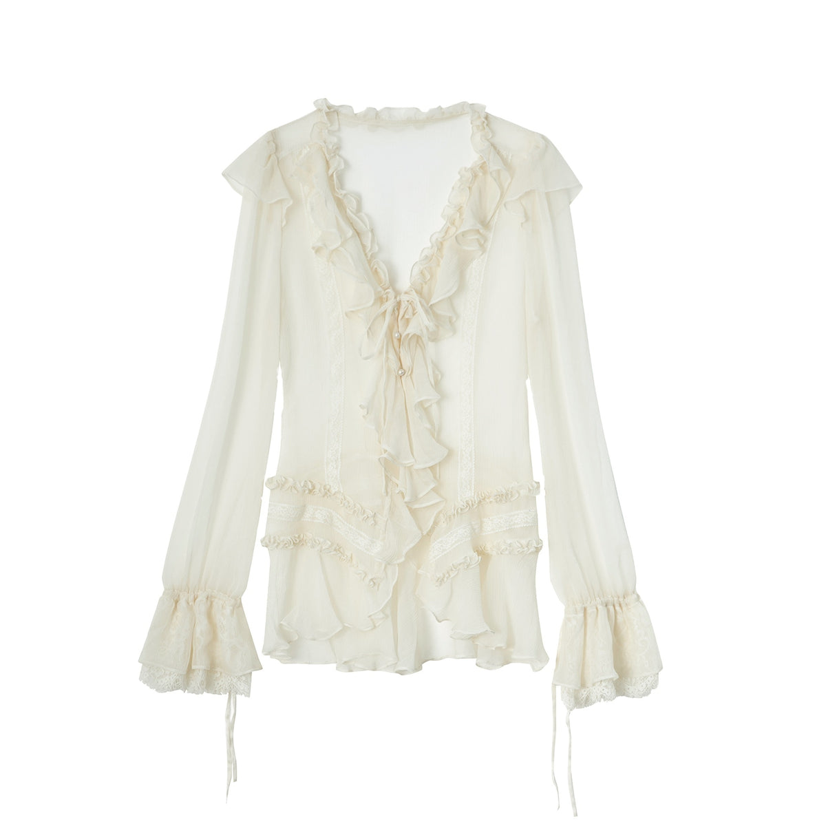 DoublePunch_Sheer_Ruffled_Lace_Up_Pleated_Long_Sleeve_V-neck_Women&