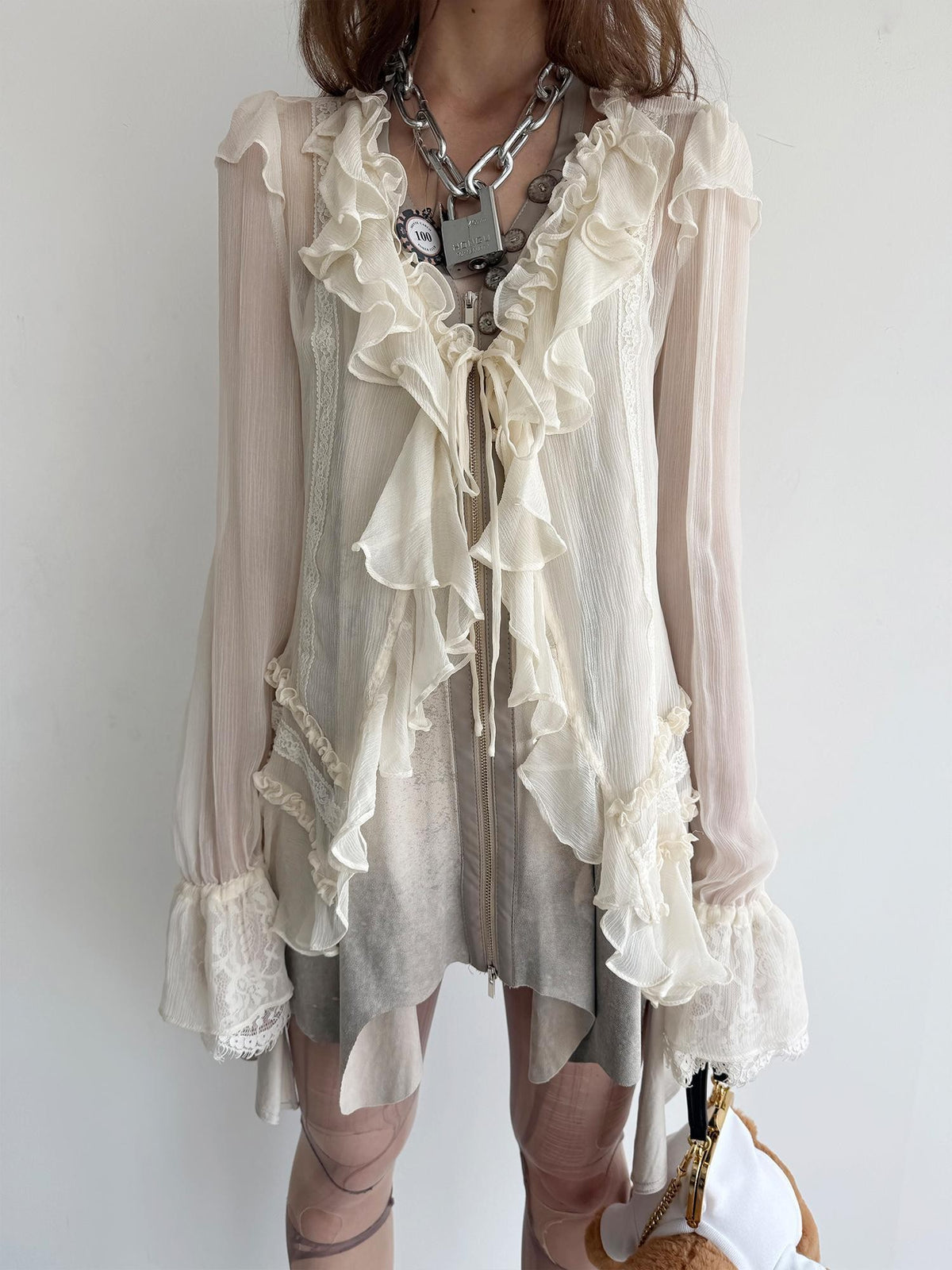DoublePunch Sheer Ruffled Lace Up Pleated Long Sleeve V-neck Women&
