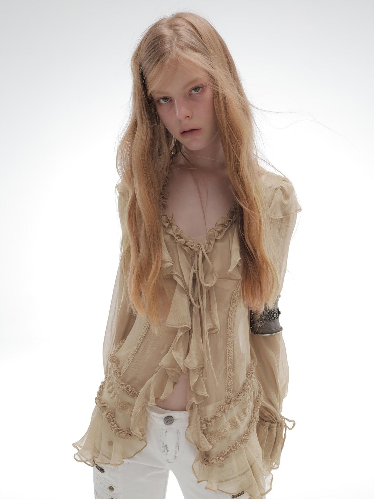 DoublePunch Sheer Ruffled Lace Up Pleated Long Sleeve V-neck Women&