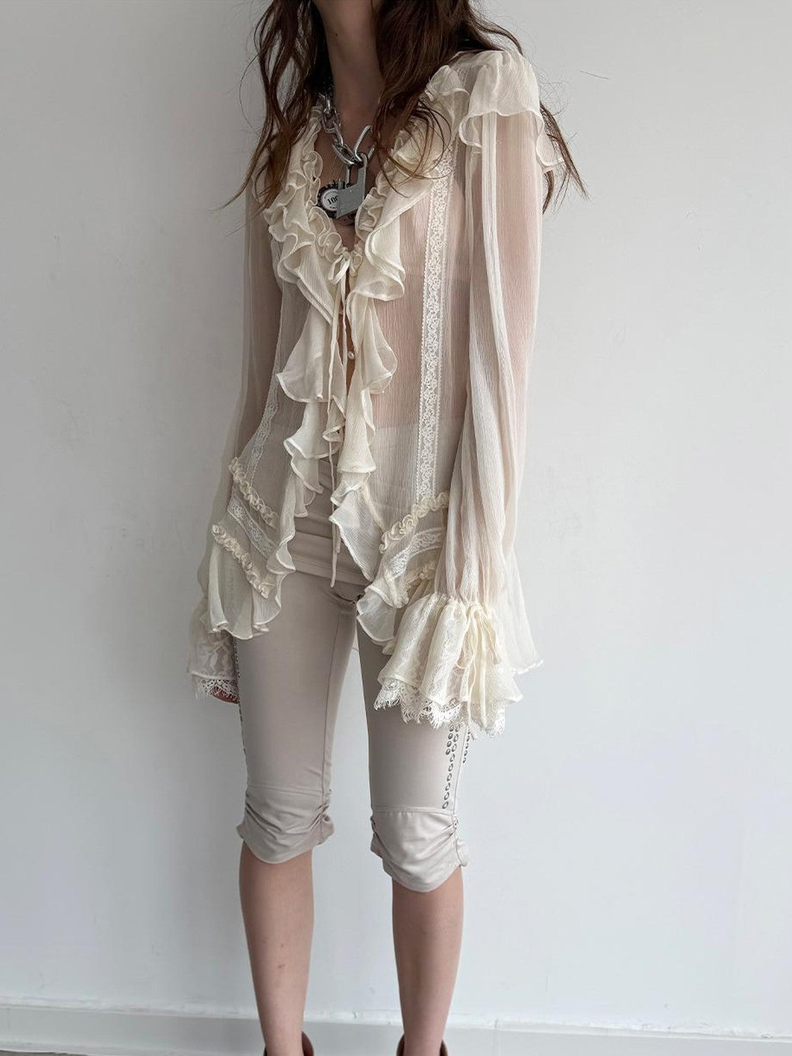 DoublePunch Sheer Ruffled Lace Up Pleated Long Sleeve V-neck Women&