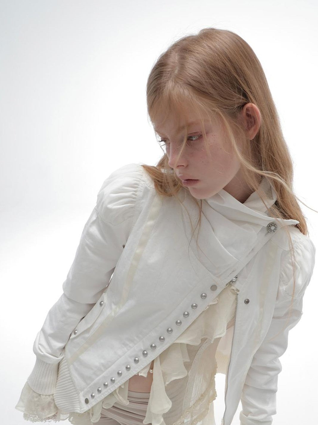 DoublePunch Sheer Ruffled Lace Up Pleated Long Sleeve V-neck Women&
