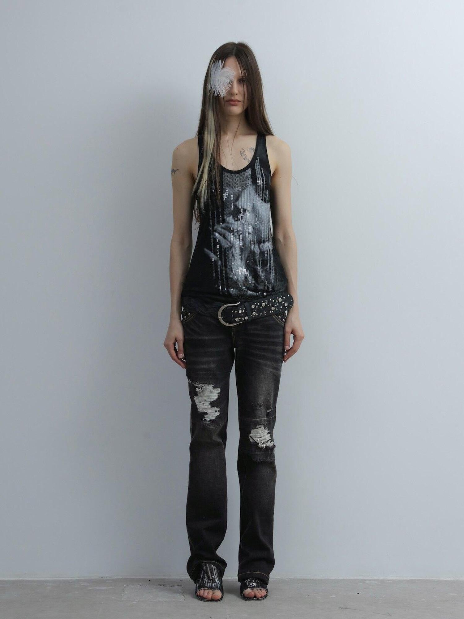 DoublePunch Silver Sequin Print U Neck Fitted Waist Women&