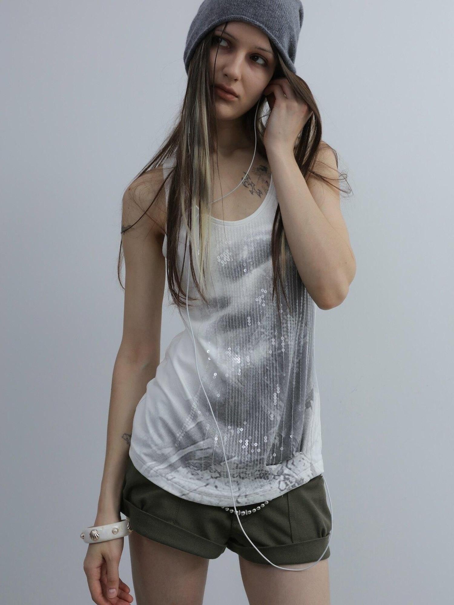 DoublePunch Silver Sequin Print U Neck Fitted Waist Women&
