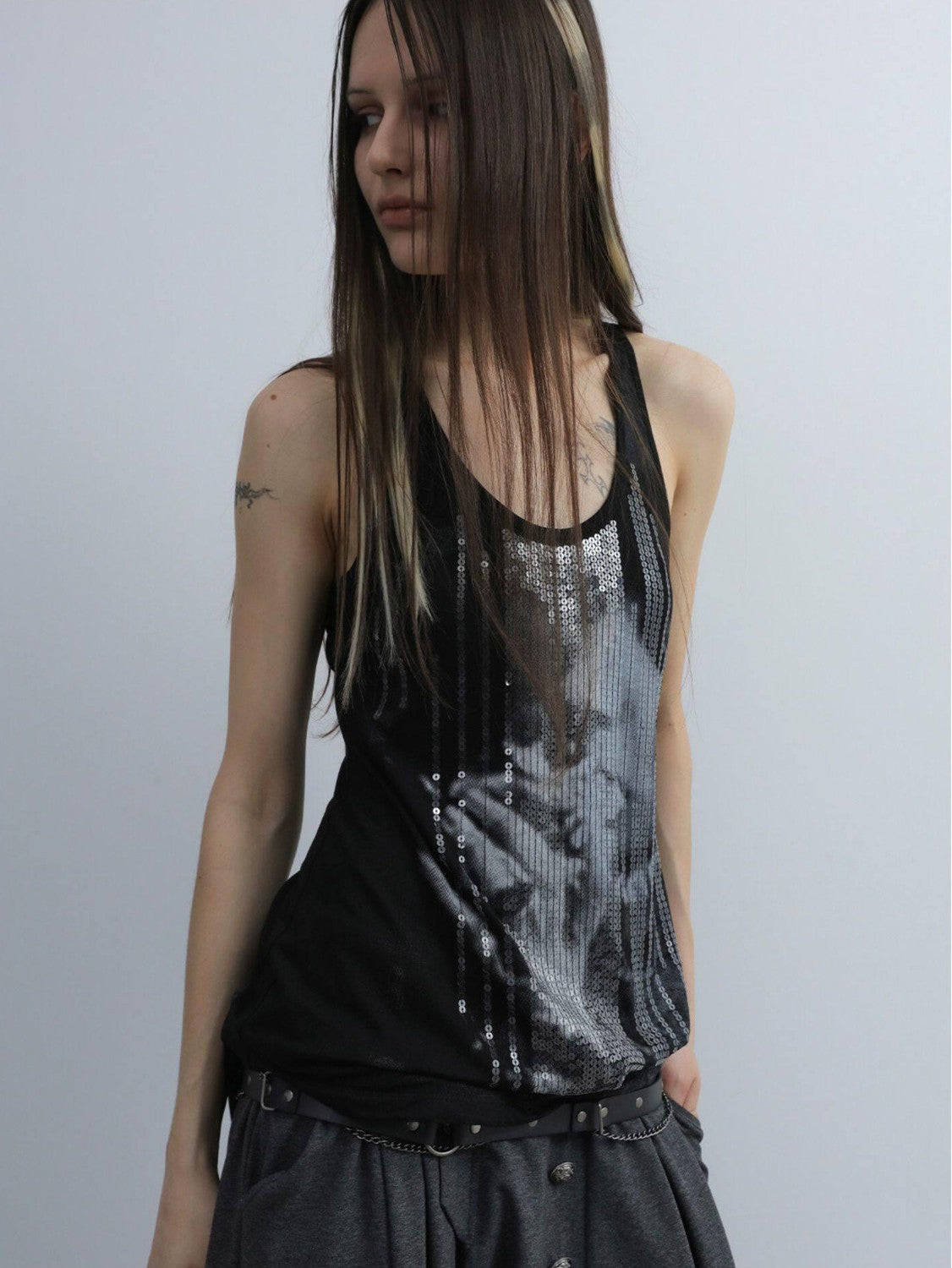 DoublePunch Silver Sequin Print U Neck Fitted Waist Women&
