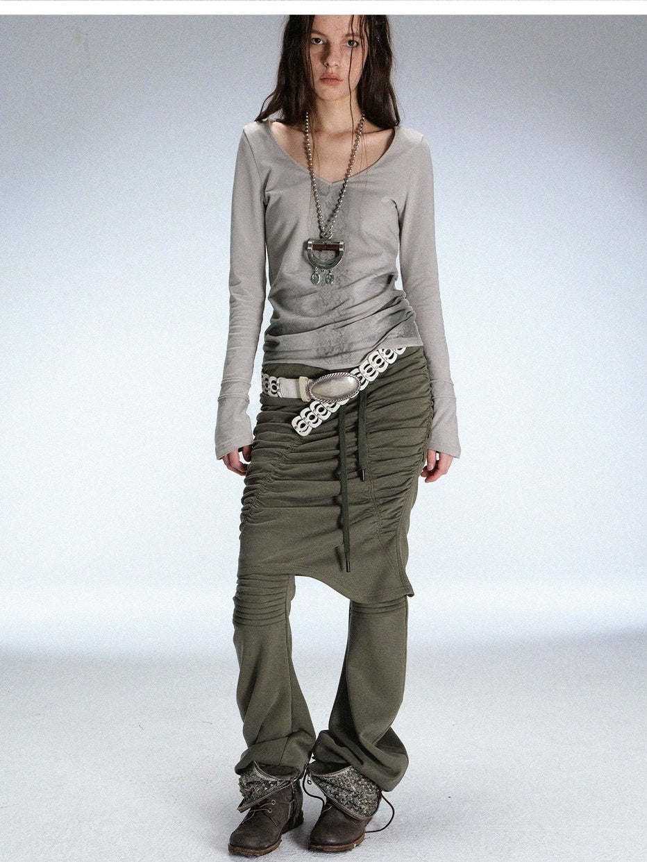 DoublePunch Slim Street Punk Skirted Pleated Tie Straps Natural Waist Women Pants