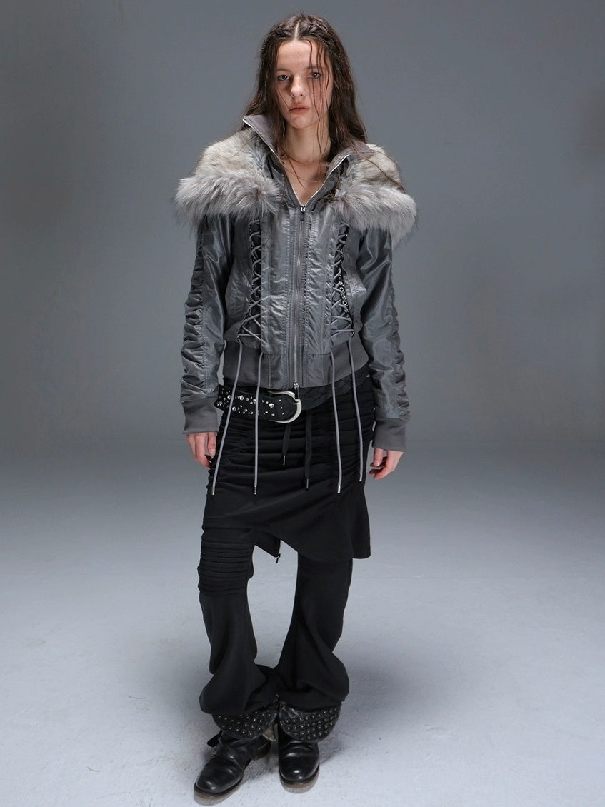 DoublePunch Slim Street Punk Skirted Pleated Tie Straps Natural Waist Women Pants