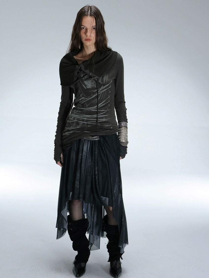 DoublePunch Soft Breathable Cotton Slim Fit Cowl Neck Tie Print Women Long Sleeve T-Shirt