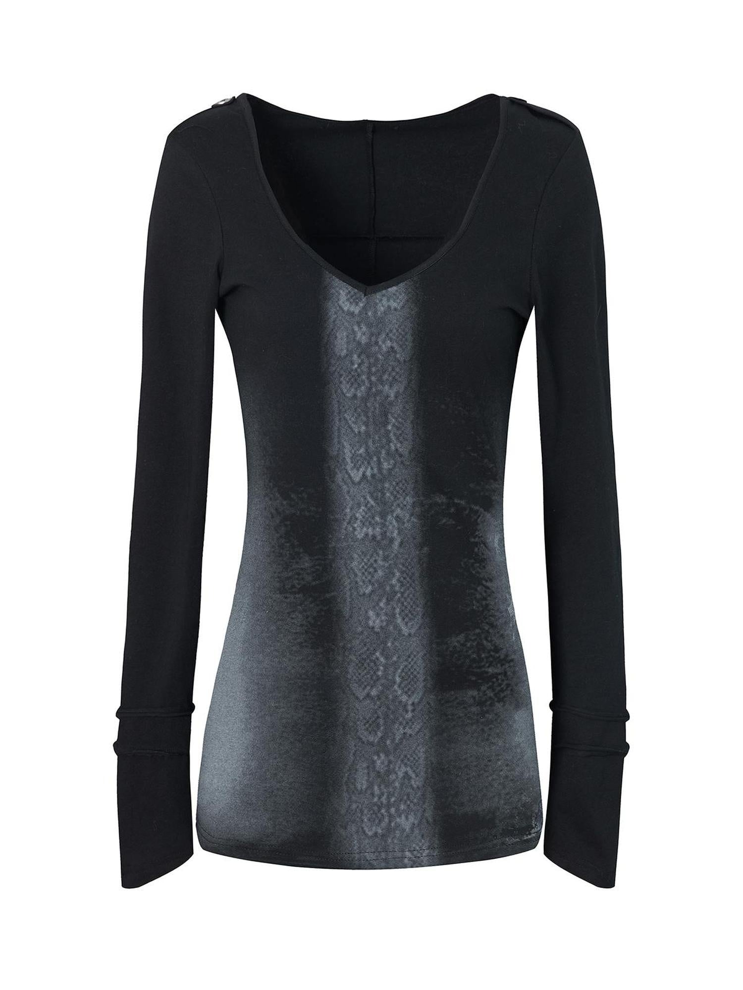 DoublePunch Soft Cotton Spandex Slim V Neck Snake Print Long Sleeve Women T-Shirt