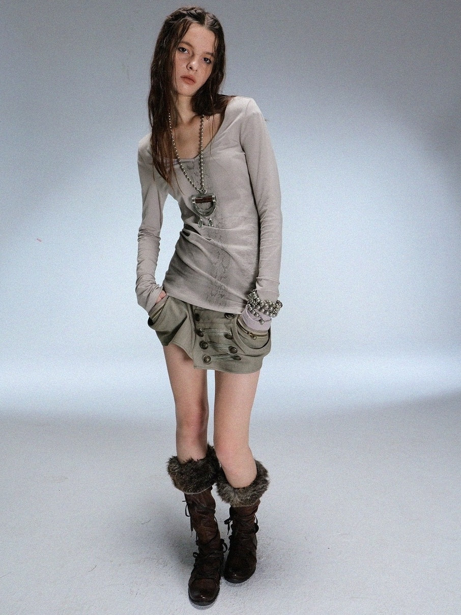 DoublePunch Soft Cotton Spandex Slim V Neck Snake Print Long Sleeve Women T-Shirt