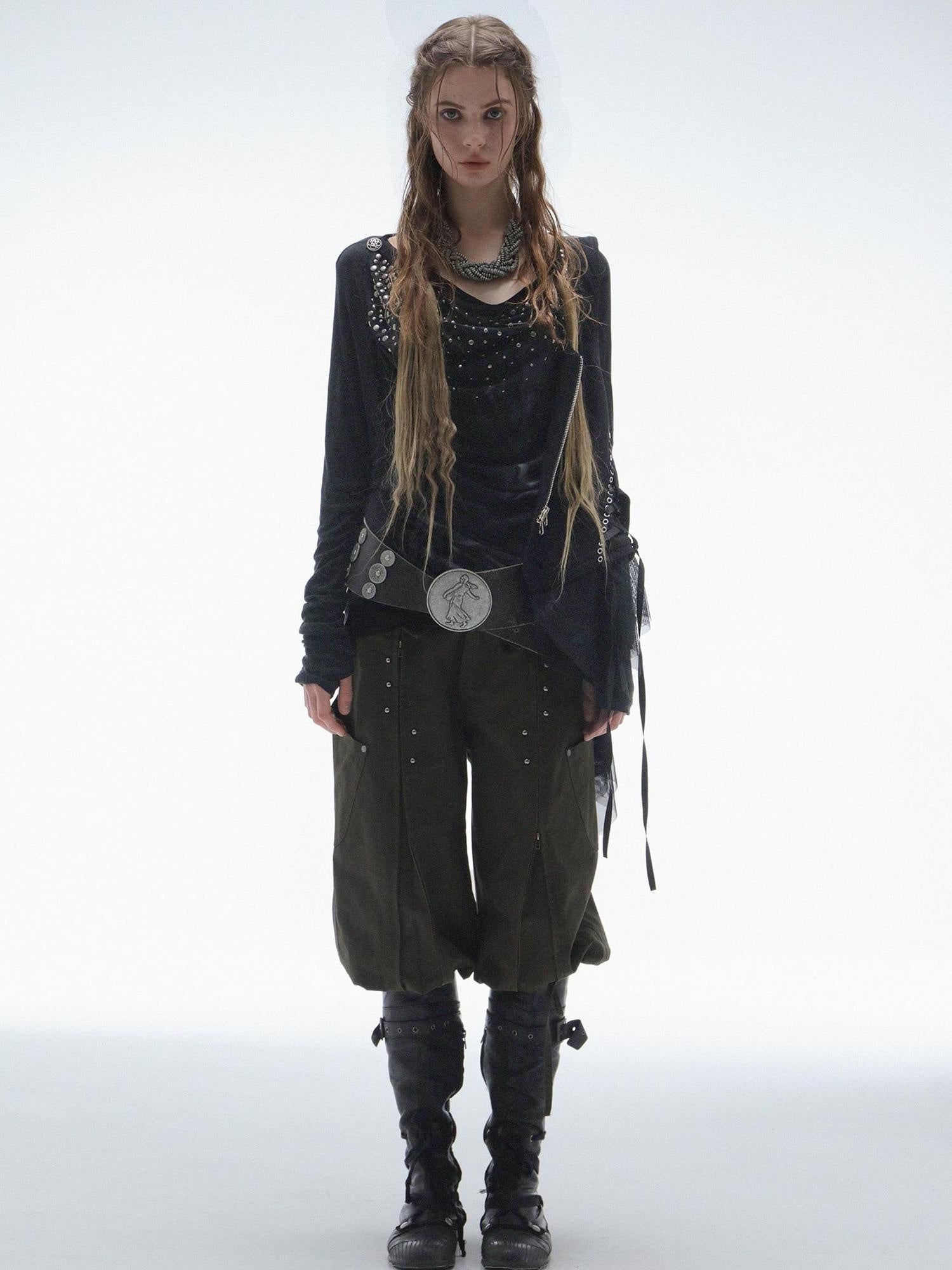 DoublePunch Soft Lyocell Slim Fit Asymmetric Shoulder Rhinestone Print Long Sleeve T-Shirt