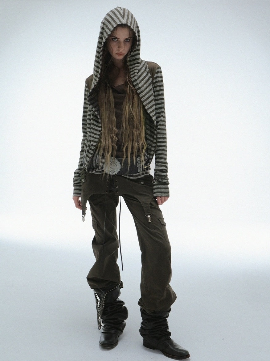 DoublePunch Soft Vintage Layered Hooded Long Sleeve Women Striped Patchwork Hoodies