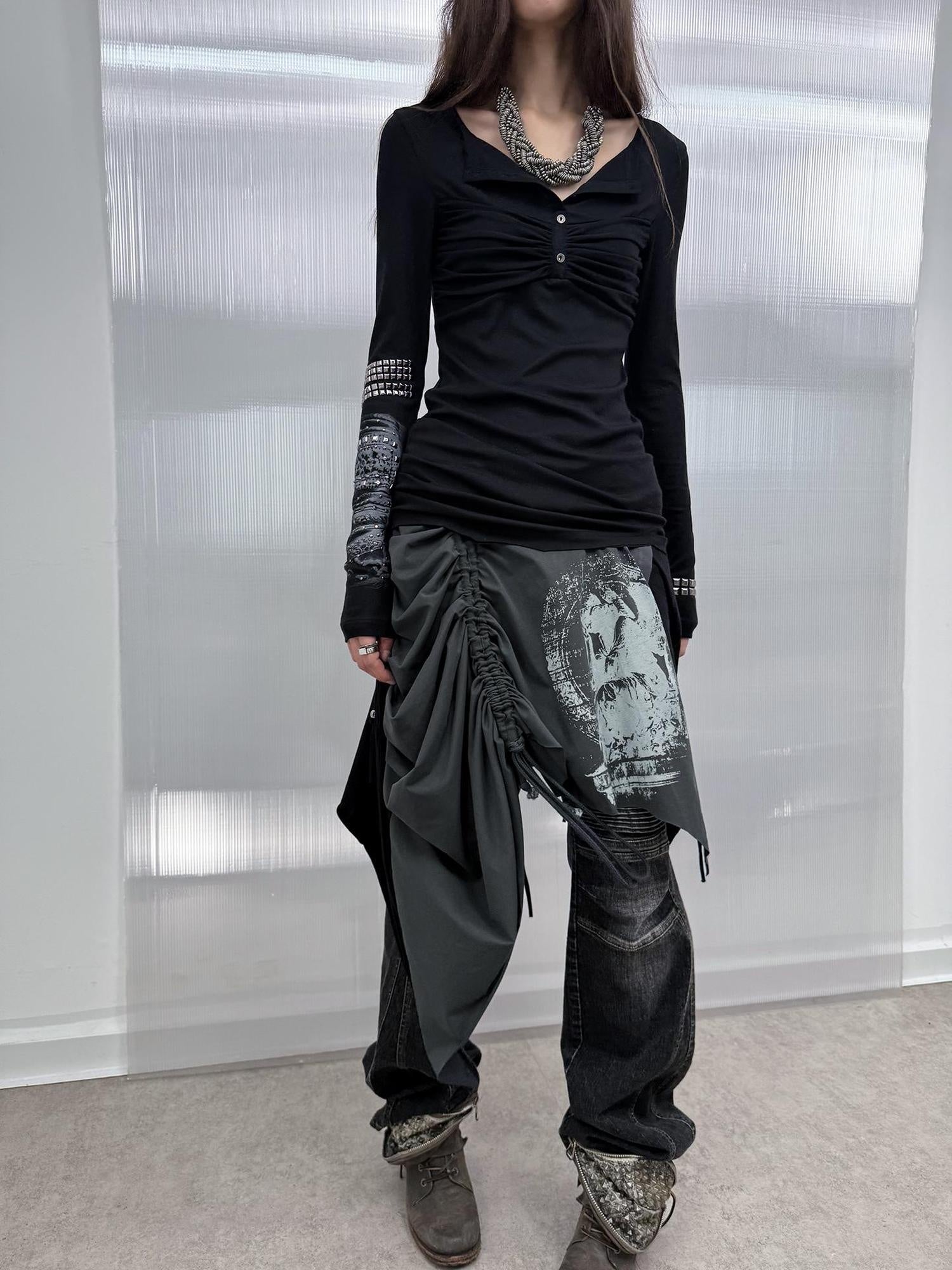 DoublePunch Soft Vintage Slim Square Neck Rhinestone Print Long Sleeve Women T-Shirt