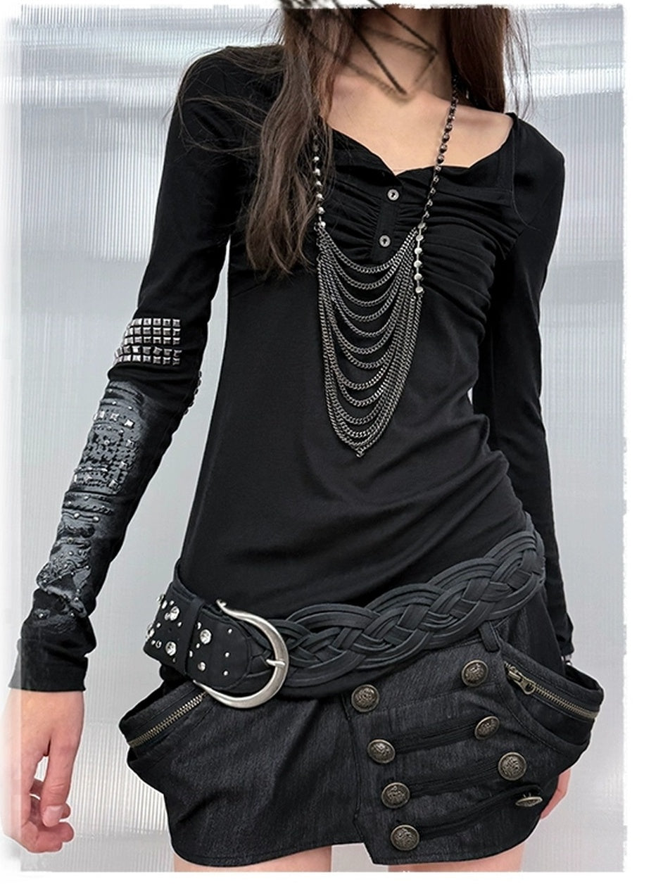 DoublePunch Soft Vintage Slim Square Neck Rhinestone Print Long Sleeve Women T-Shirt