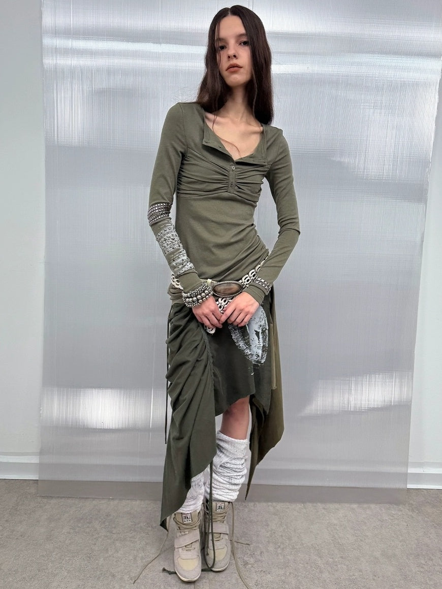 DoublePunch Soft Vintage Slim Square Neck Rhinestone Print Long Sleeve Women T-Shirt