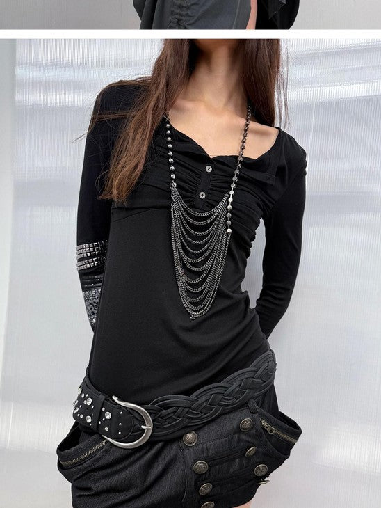 DoublePunch Square Neck Arm Ring Print Metal Rhinestone Women&