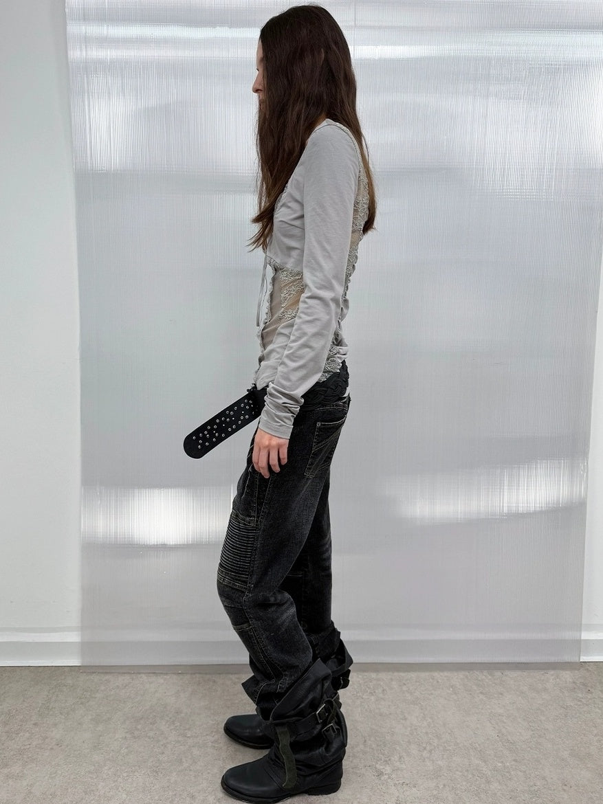 DoublePunch Stretch Low Rise Distressed Straight Casual Women Dark Gray Cotton Jeans