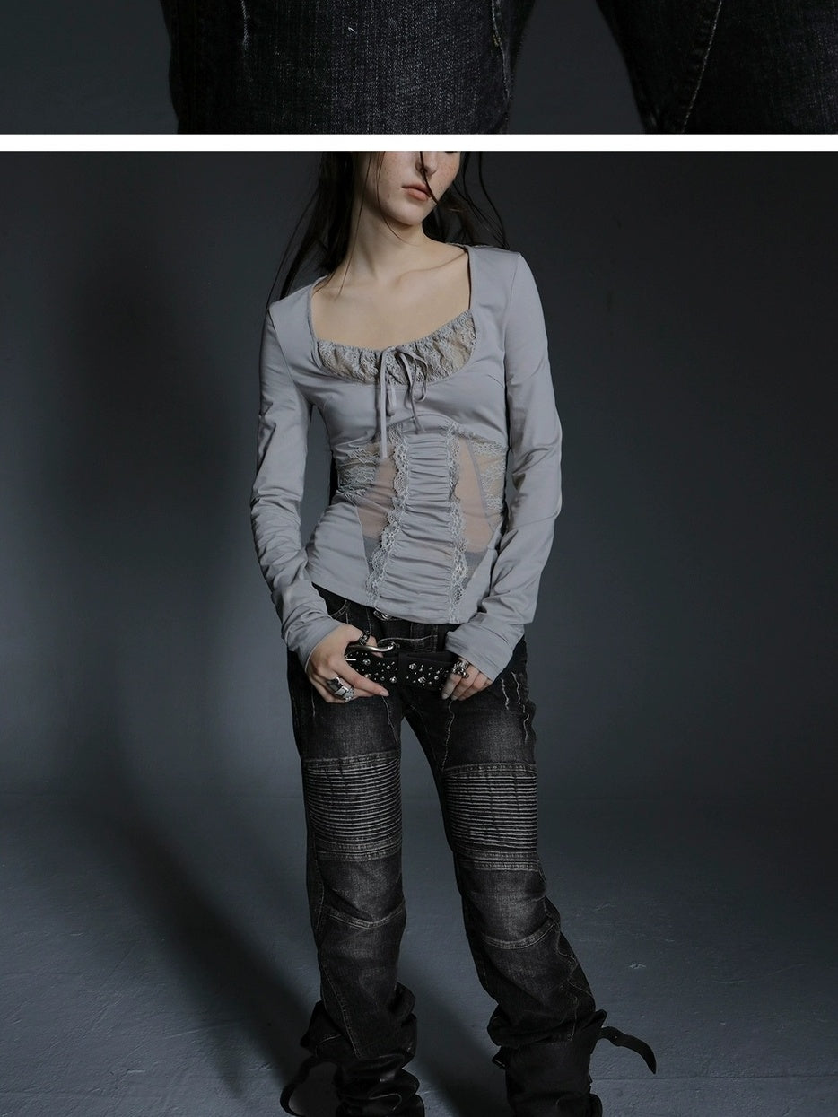 DoublePunch Stretch Low Rise Distressed Straight Casual Women Dark Gray Cotton Jeans