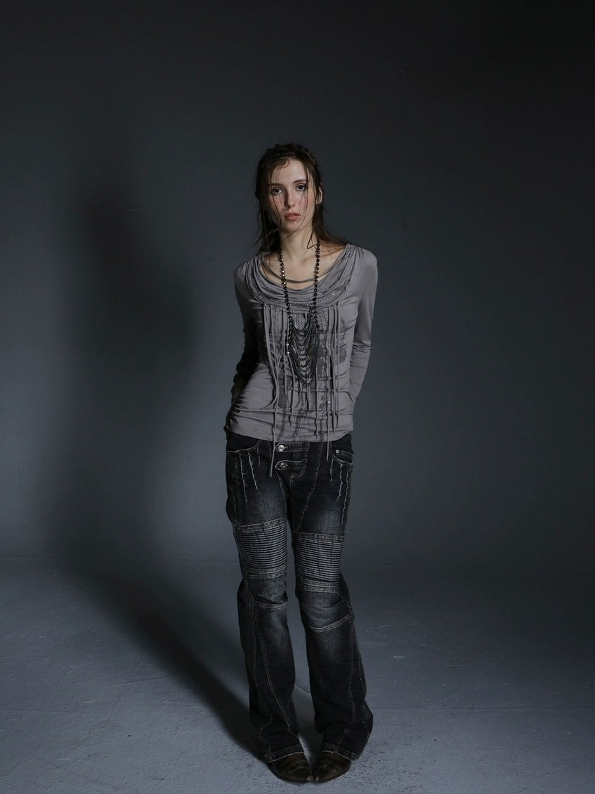 DoublePunch Stretch Low Rise Distressed Straight Casual Women Dark Gray Cotton Jeans