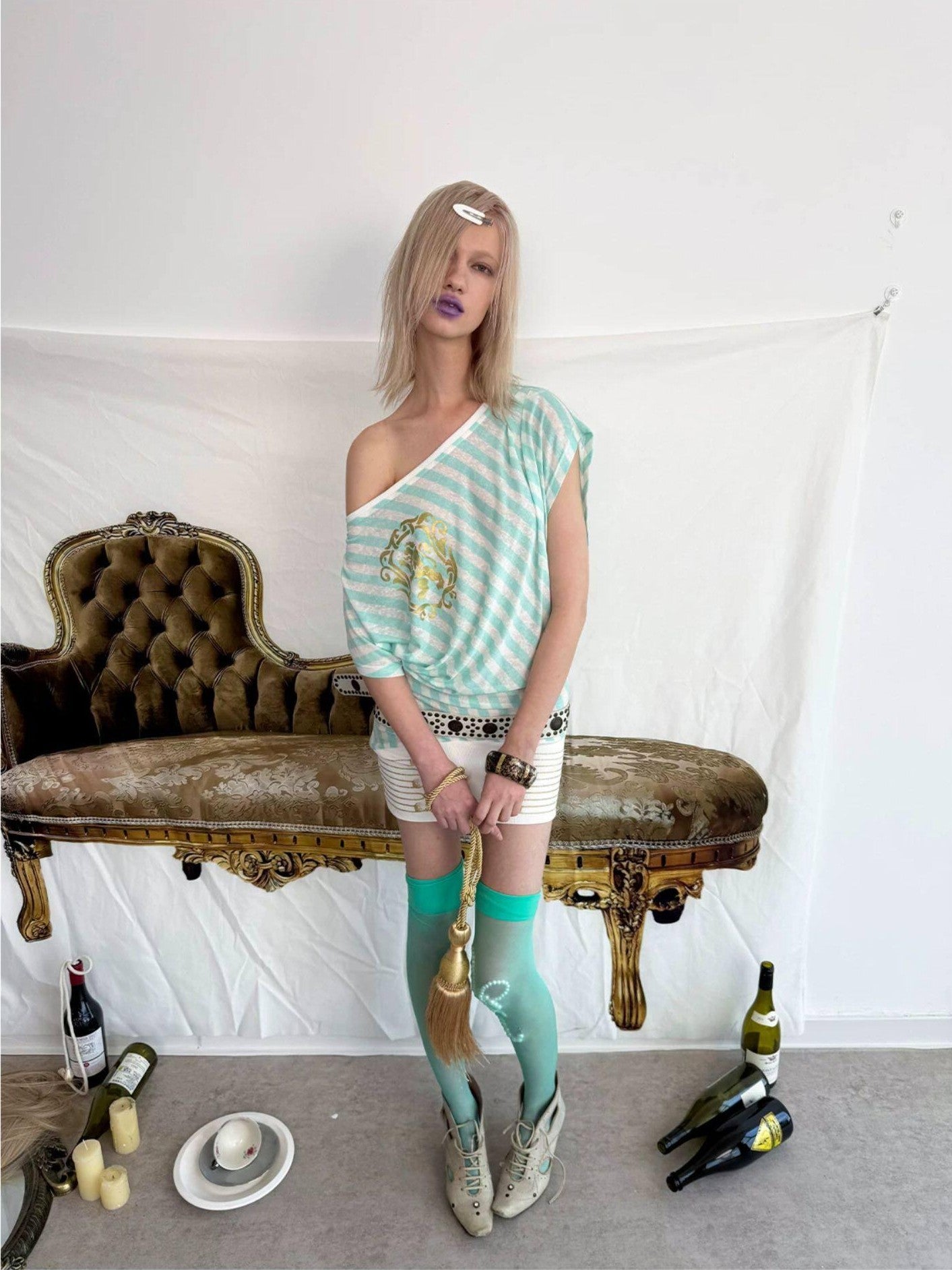 DoublePunch Striped Asymmetric Batwing Gold Foil Print Women&