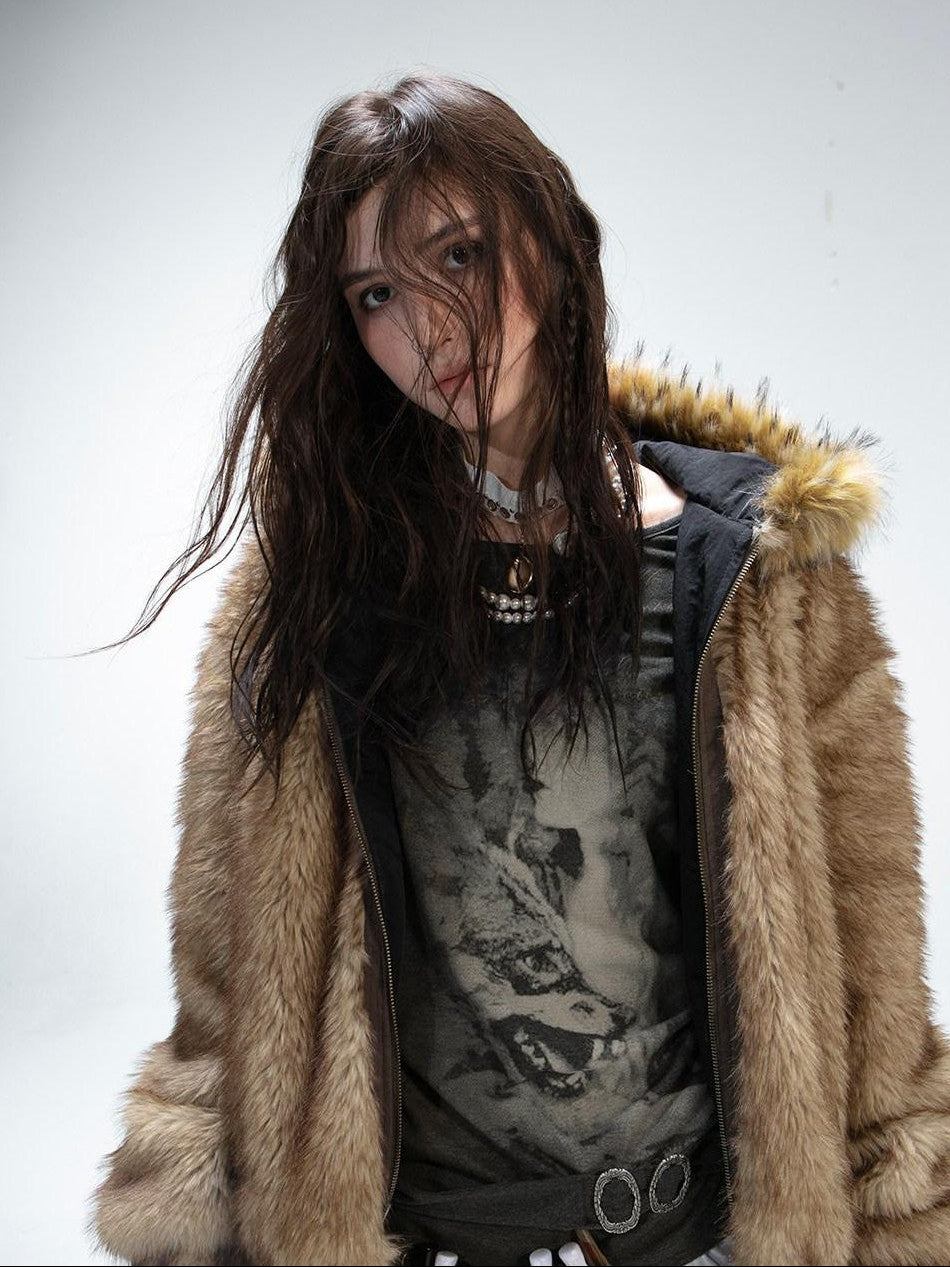 DoublePunch Teddy Hooded Ruching Fur Collar Reversible Women&