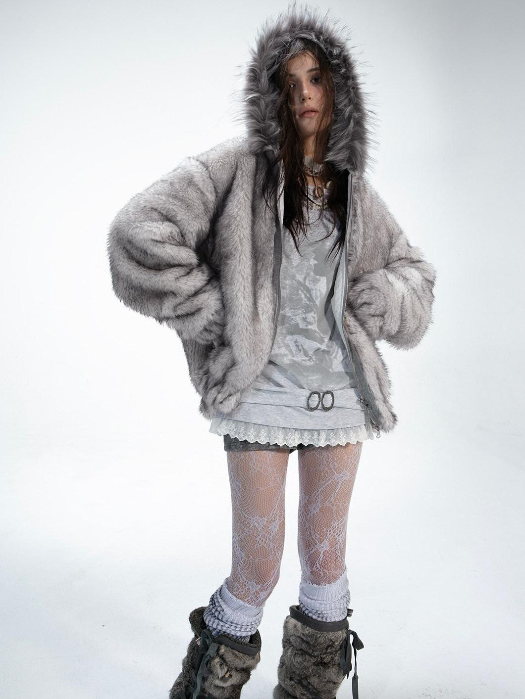 DoublePunch Teddy Hooded Ruching Fur Collar Reversible Women&