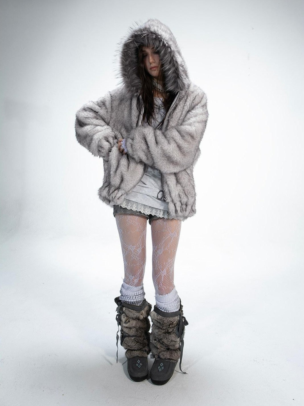DoublePunch Teddy Hooded Ruching Fur Collar Reversible Women&