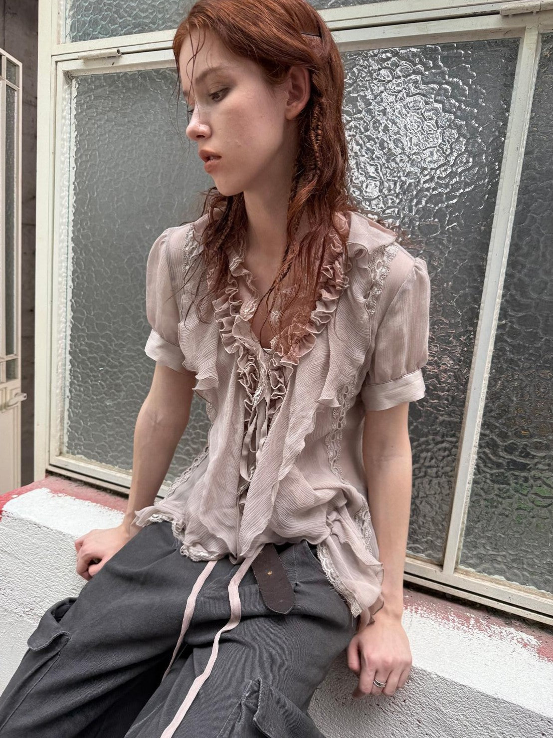DoublePunch Textured Gauze Layered Ruffle Irregular Hem Tie V-neck Women&