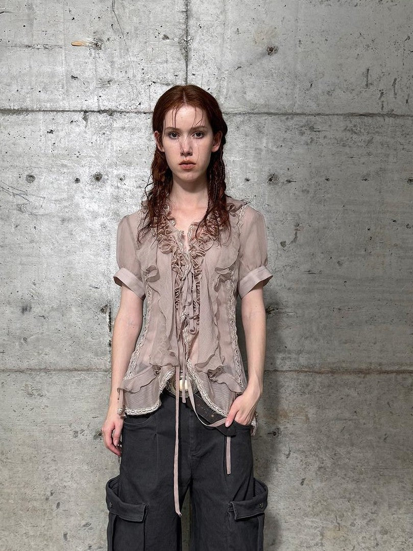 DoublePunch Textured Gauze Layered Ruffle Irregular Hem Tie V-neck Women&
