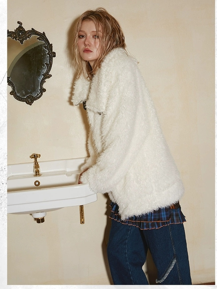 DoublePunch Thick Viscose Mid Length Loose Commuter Lapel Zipper Solid Women Jacket